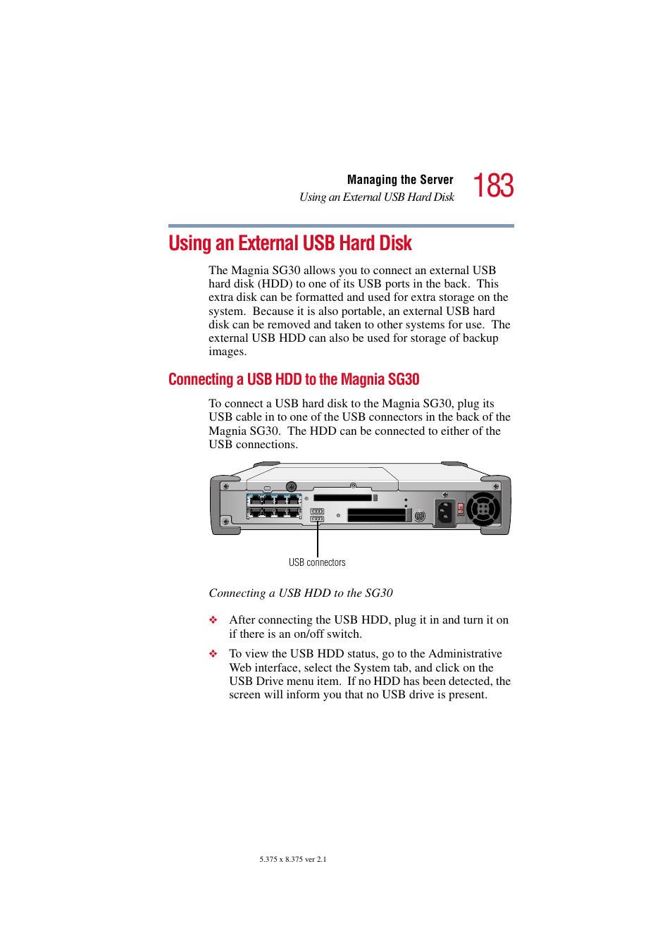 Using an external usb hard disk, Connecting a usb hdd to the magnia sg30 | Toshiba Magnia SG30 User Manual | Page 176 / 296