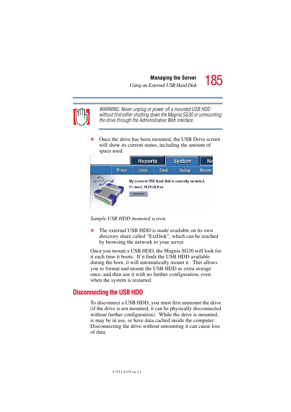 Disconnecting the usb hdd | Toshiba Magnia SG30 User Manual | Page 178 / 296