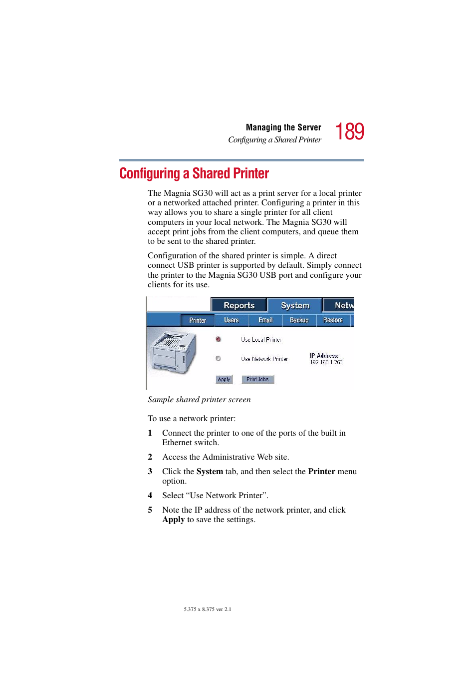 Configuring a shared printer | Toshiba Magnia SG30 User Manual | Page 182 / 296