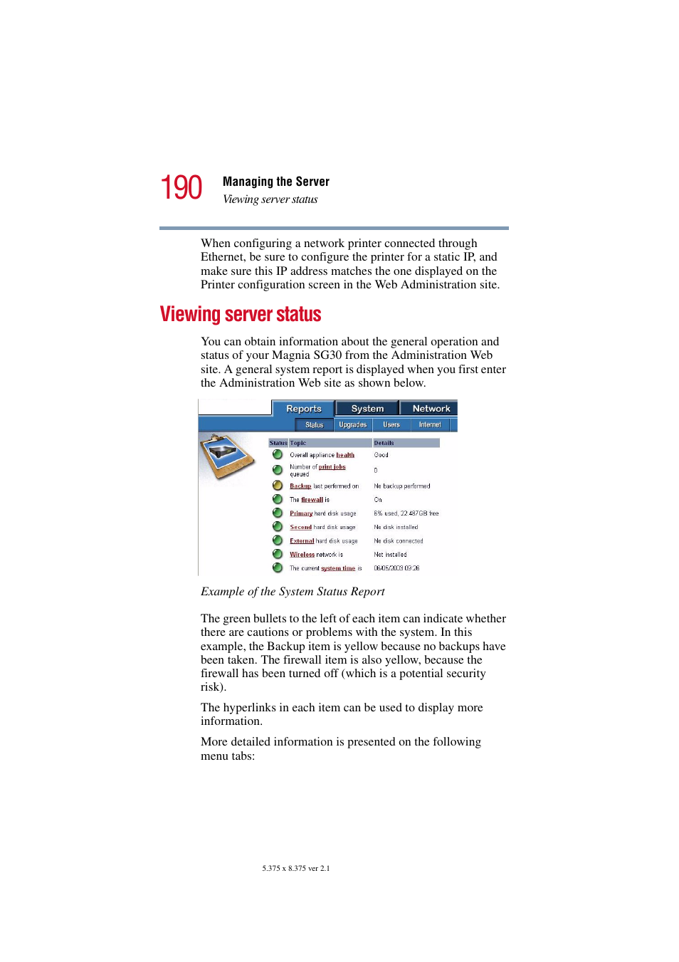 Viewing server status | Toshiba Magnia SG30 User Manual | Page 183 / 296