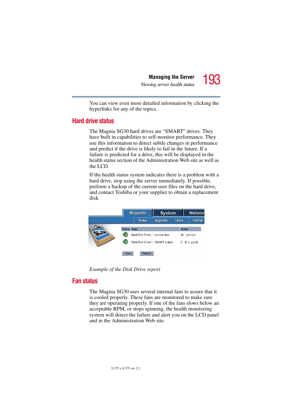 Hard drive status, Fan status, Hard drive status fan status | Toshiba Magnia SG30 User Manual | Page 186 / 296