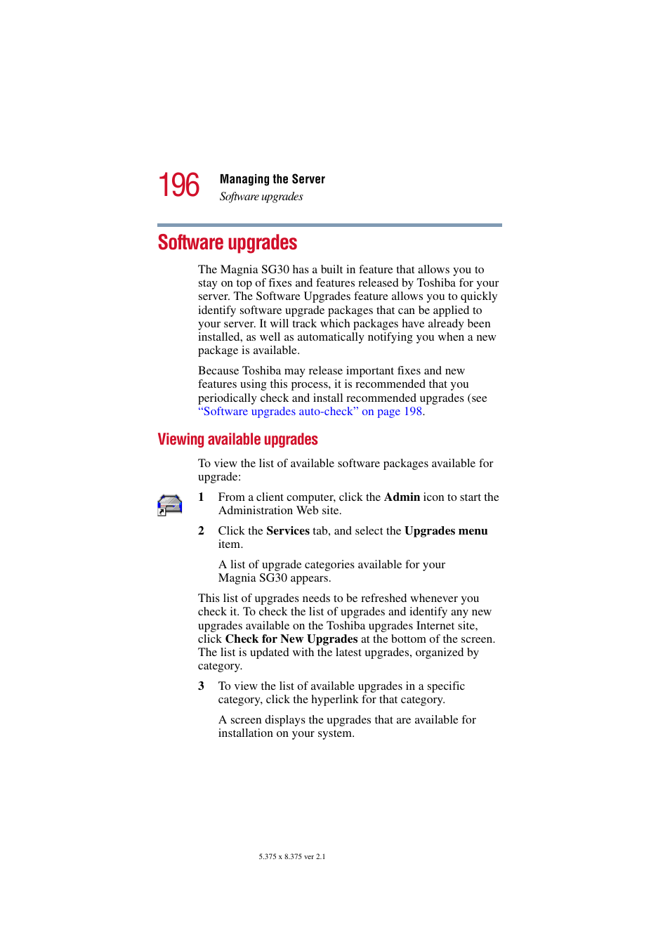 Software upgrades, Viewing available upgrades | Toshiba Magnia SG30 User Manual | Page 189 / 296