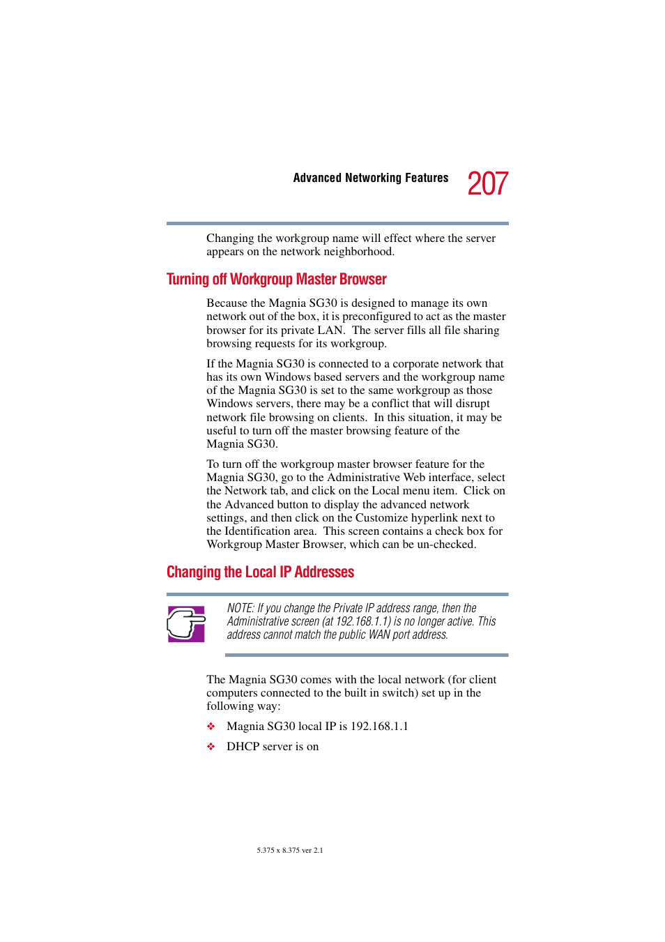 Turning off workgroup master browser, Changing the local ip addresses | Toshiba Magnia SG30 User Manual | Page 198 / 296