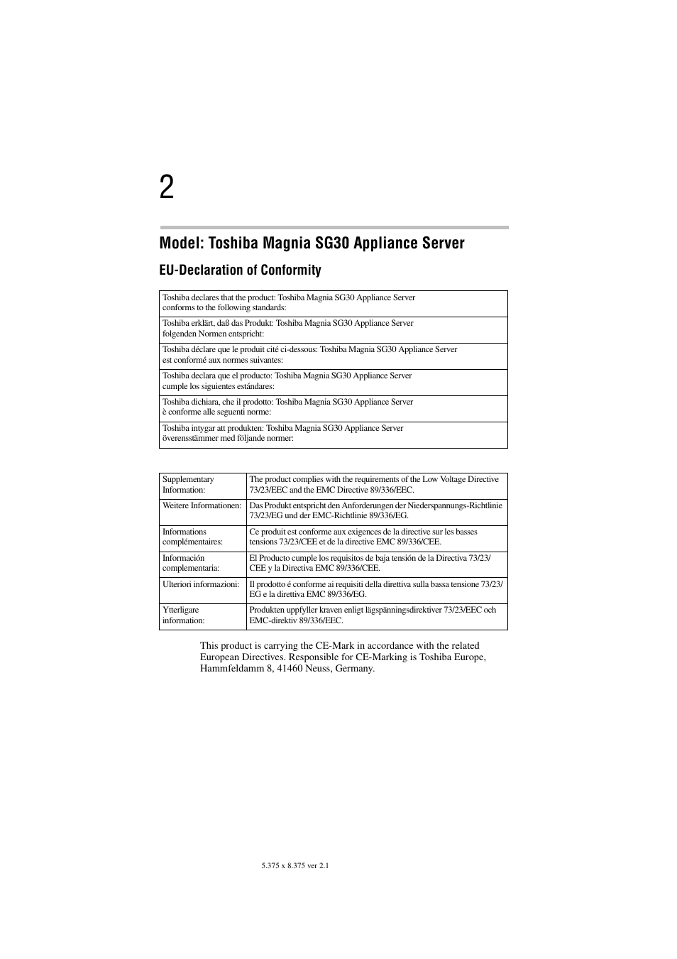 Model: toshiba magnia sg30 appliance server, Eu-declaration of conformity | Toshiba Magnia SG30 User Manual | Page 2 / 296