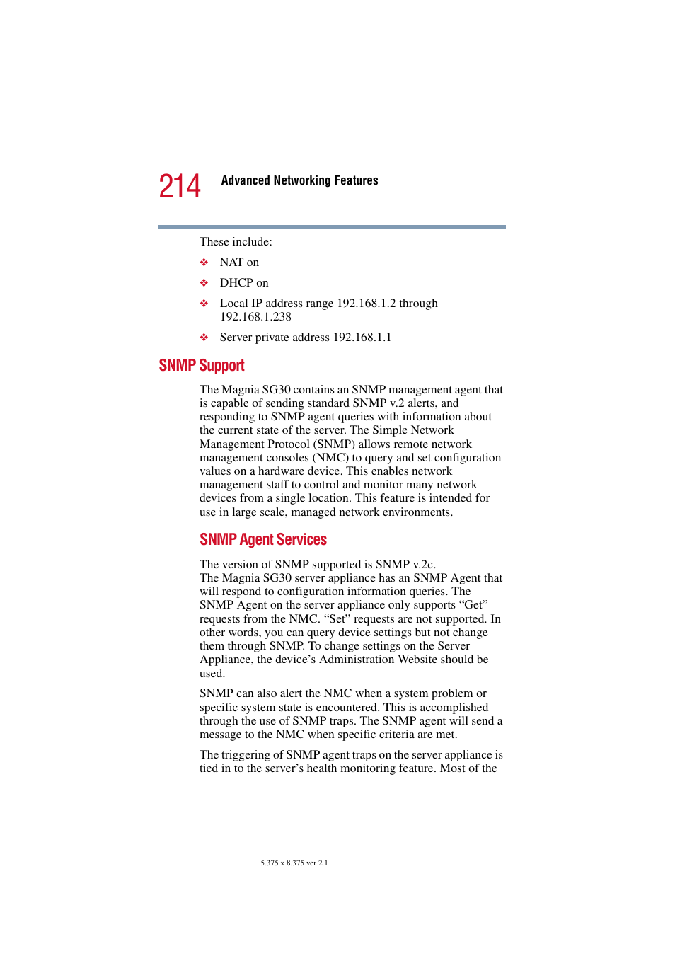 Snmp support, Snmp agent services | Toshiba Magnia SG30 User Manual | Page 205 / 296
