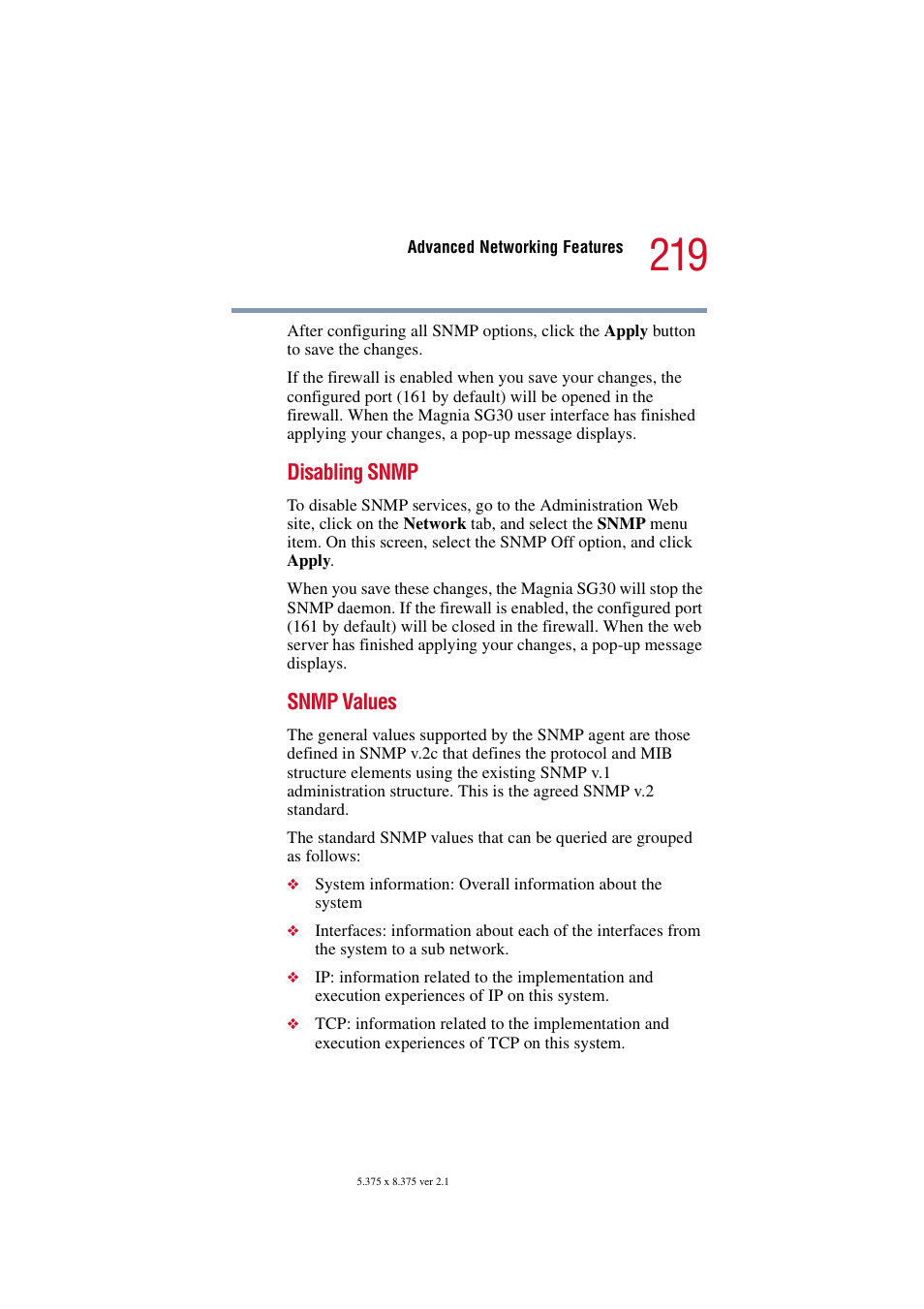 Disabling snmp, Snmp values | Toshiba Magnia SG30 User Manual | Page 210 / 296