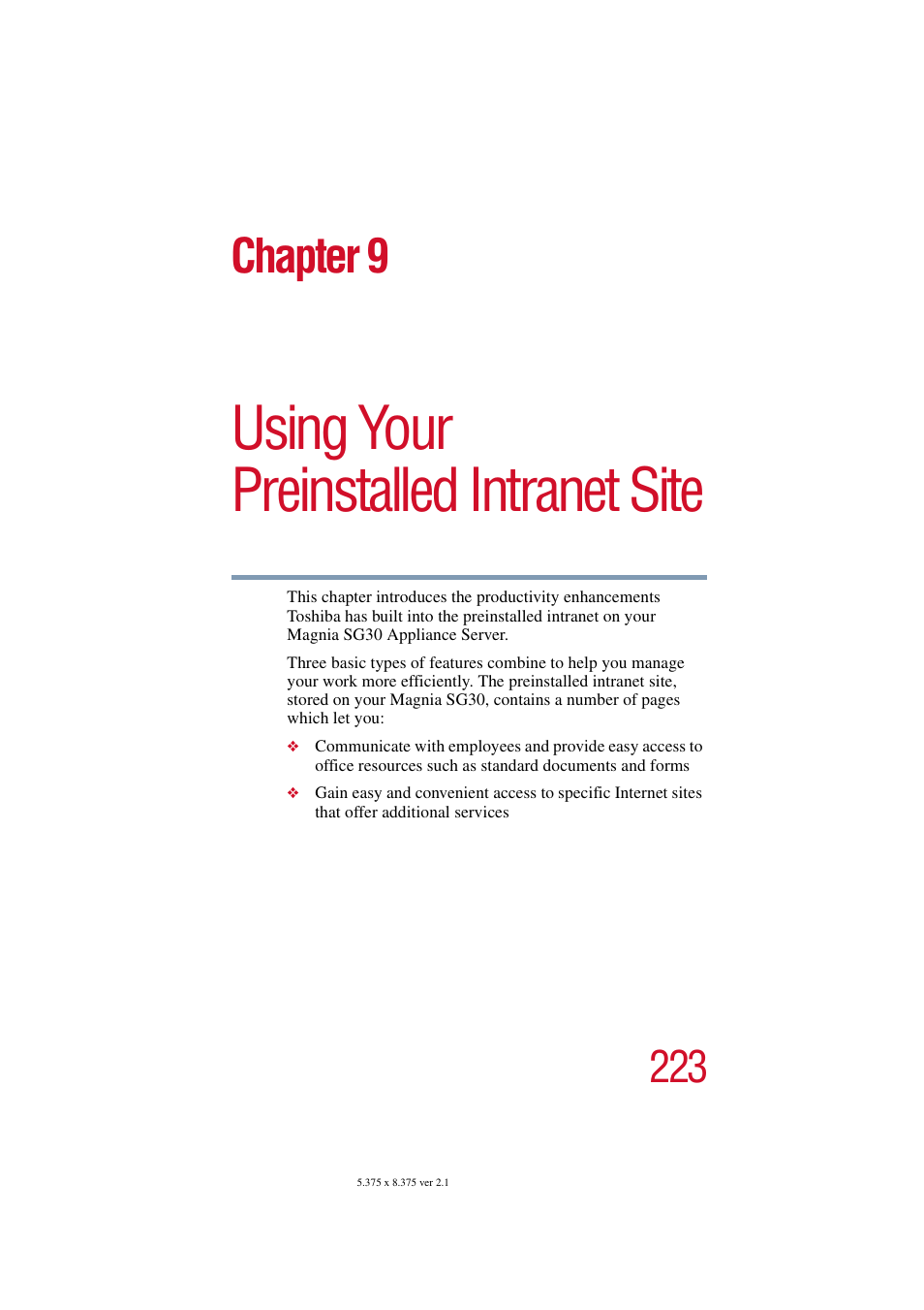 Using your preinstalledintranetsite, Chapter 9: using your preinstalled intranet site, Using your preinstalled intranet site | Chapter 9 | Toshiba Magnia SG30 User Manual | Page 213 / 296
