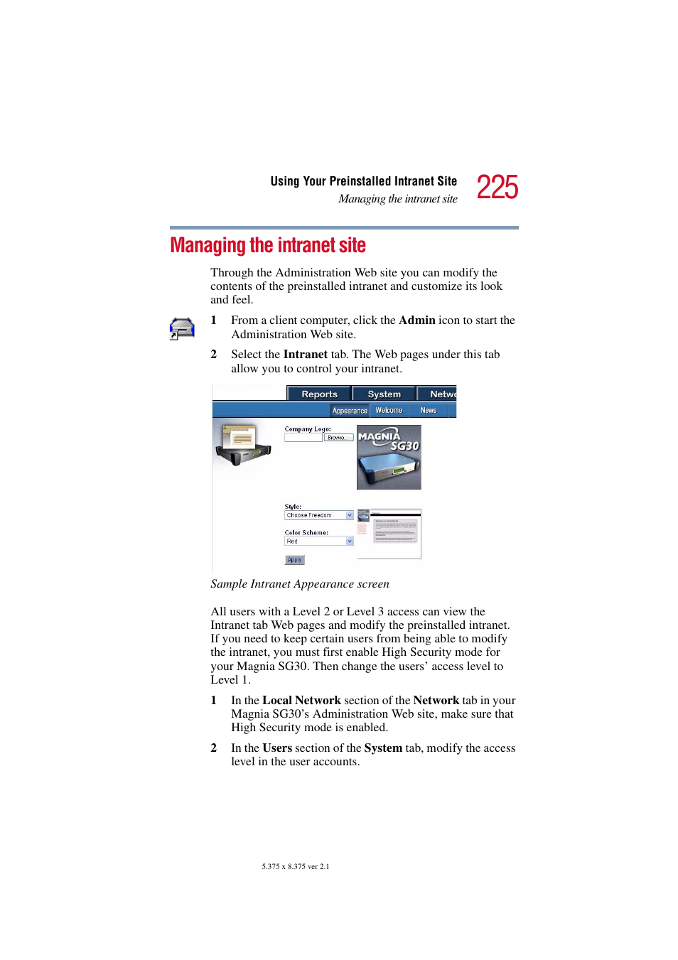 Managing the intranet site | Toshiba Magnia SG30 User Manual | Page 215 / 296