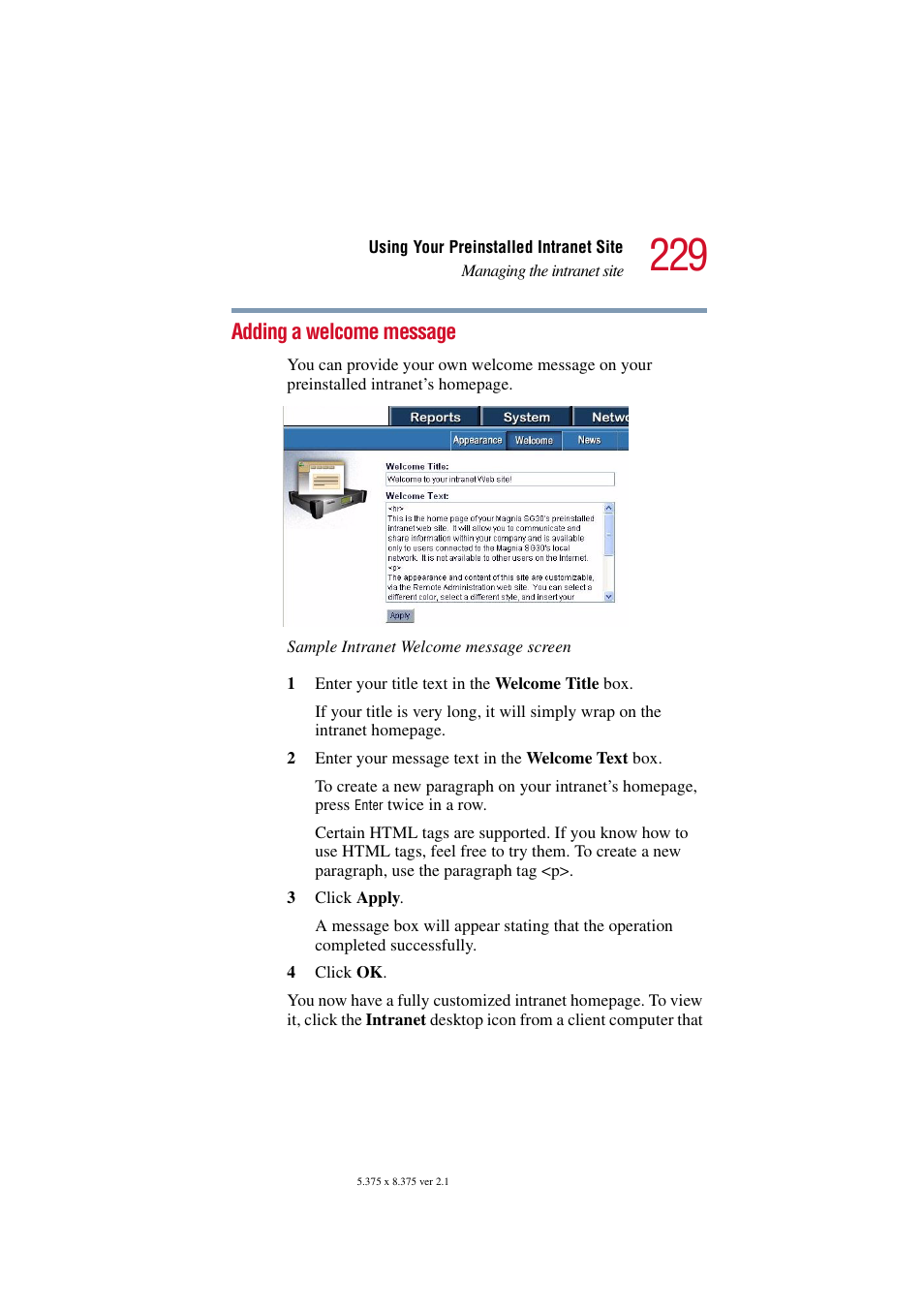 Adding a welcome message | Toshiba Magnia SG30 User Manual | Page 219 / 296