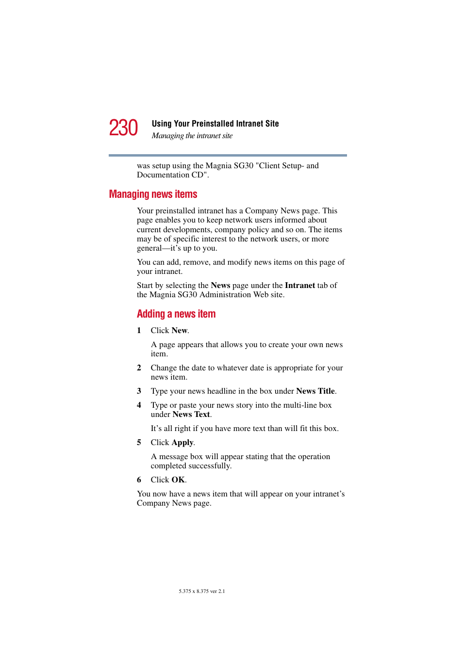 Managing news items, Adding a news item | Toshiba Magnia SG30 User Manual | Page 220 / 296