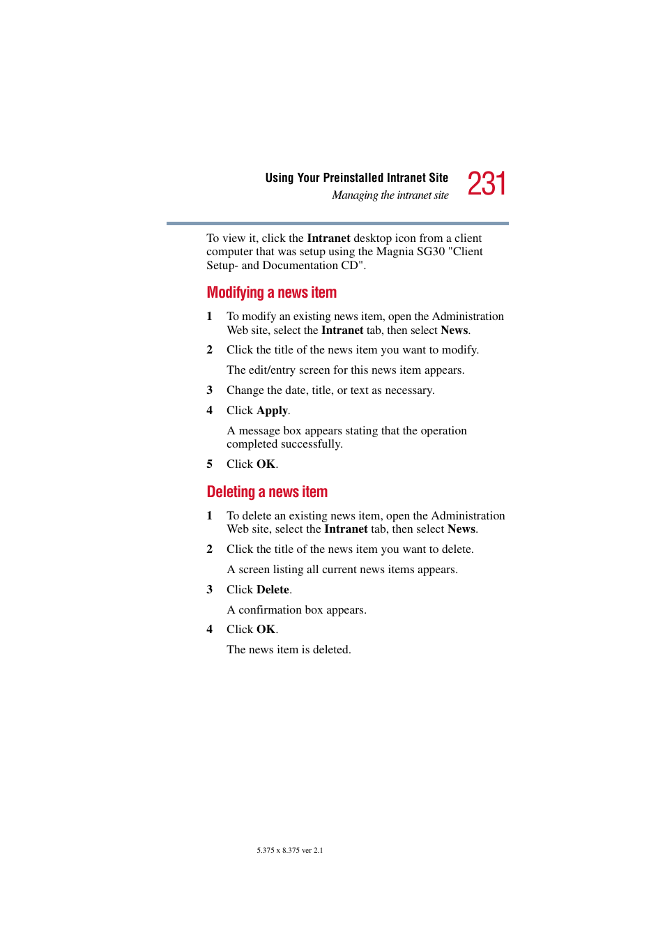 Modifying a news item, Deleting a news item | Toshiba Magnia SG30 User Manual | Page 221 / 296