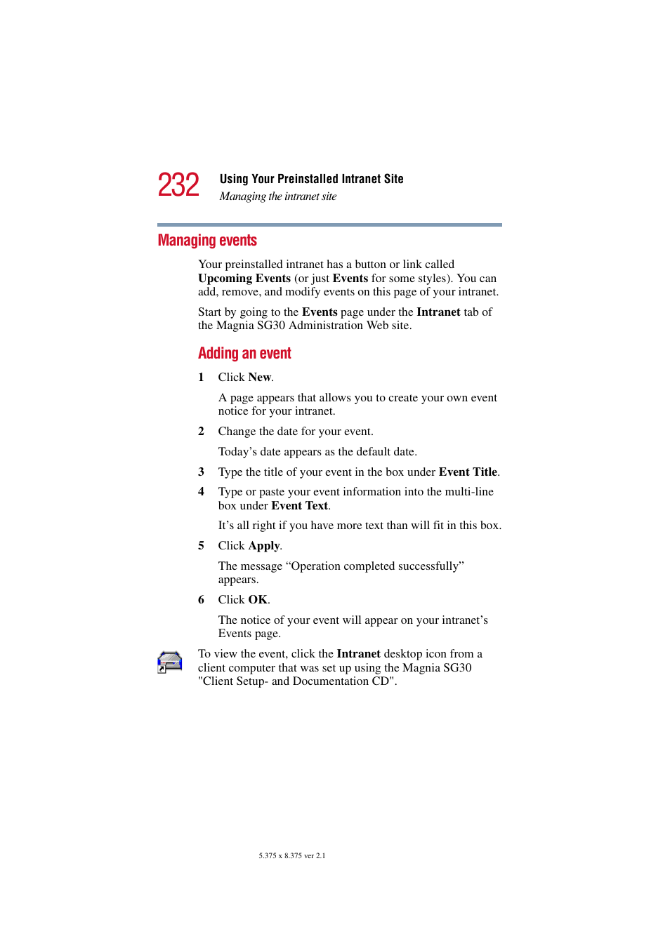 Managing events, Adding an event | Toshiba Magnia SG30 User Manual | Page 222 / 296