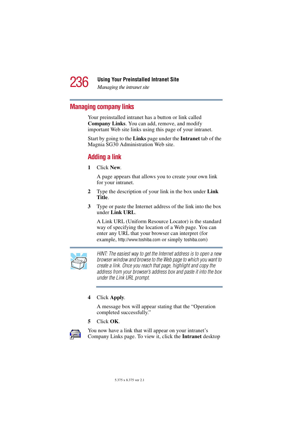 Managing company links, Adding a link | Toshiba Magnia SG30 User Manual | Page 226 / 296