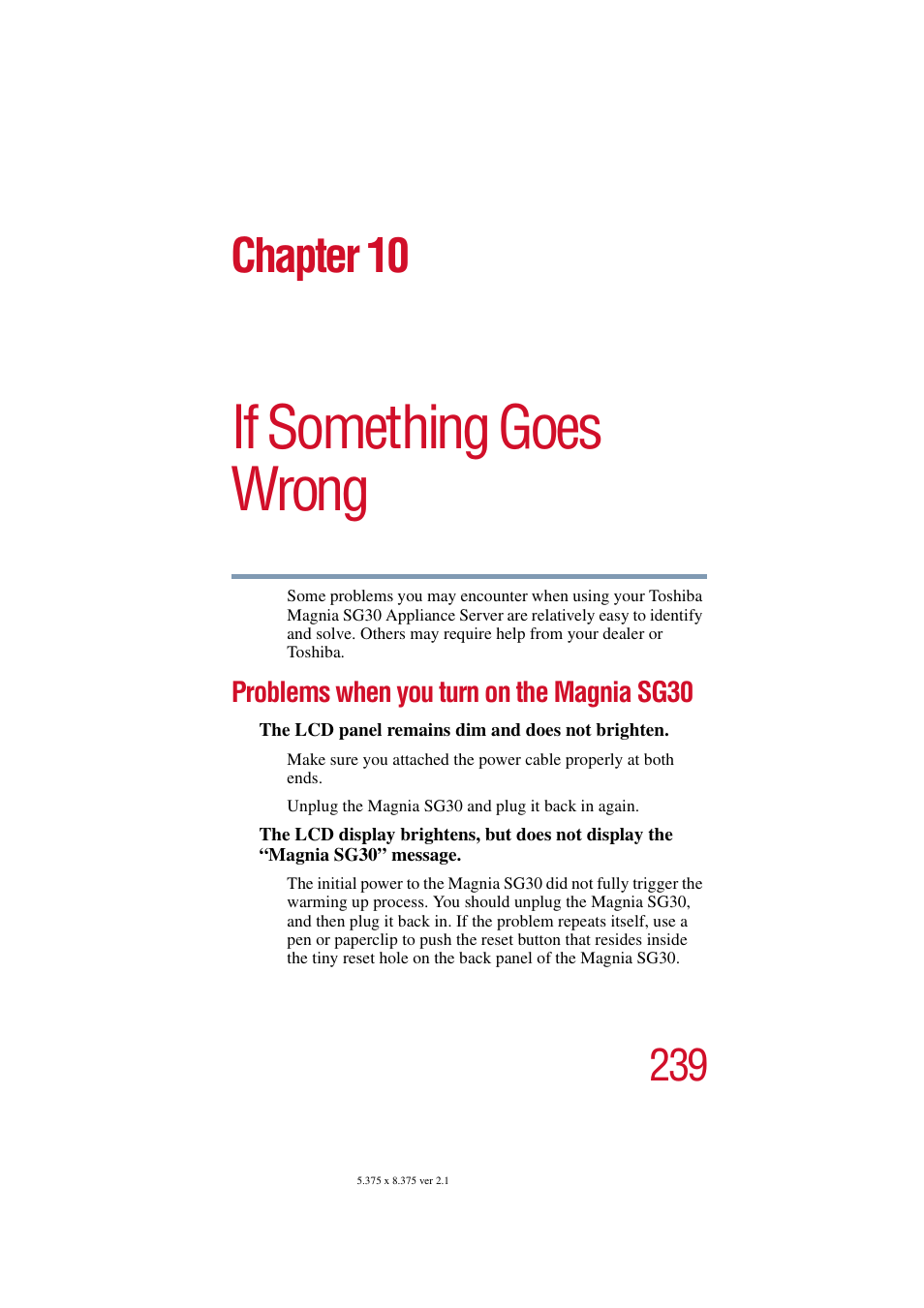 If something goes wrong, Problems when you turn on the magnia sg30, Chapter 10: if something goes wrong | Problems when, Chapter 10 | Toshiba Magnia SG30 User Manual | Page 229 / 296