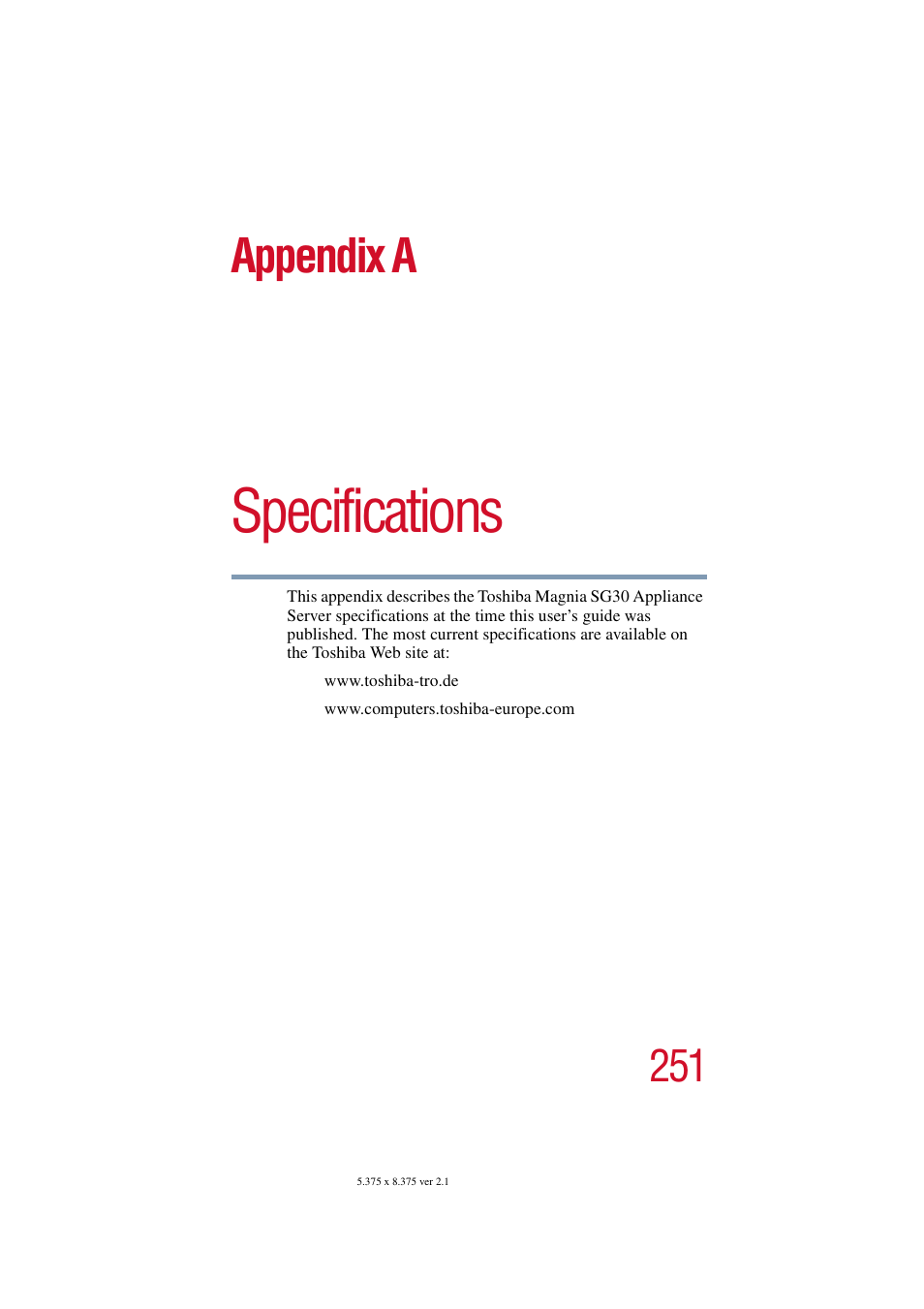 Specifications, Appendix a: specifications, Appendix a | Toshiba Magnia SG30 User Manual | Page 240 / 296