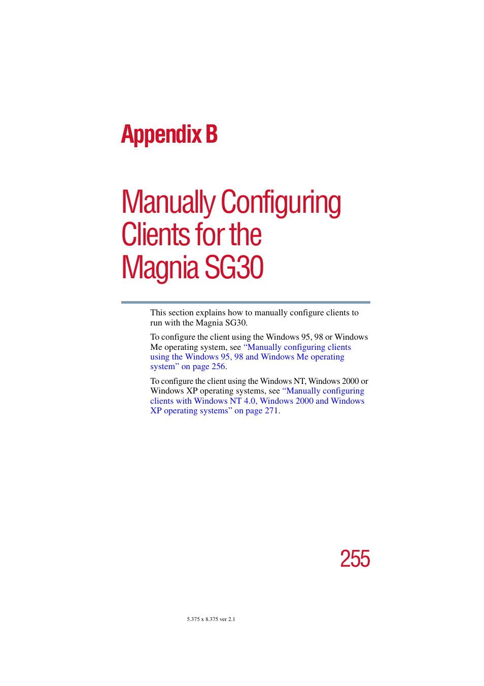 Manually configuring clients for the magnia sg30, Manually configuring, Manually | Manually configuring clients for, Appendix b | Toshiba Magnia SG30 User Manual | Page 244 / 296
