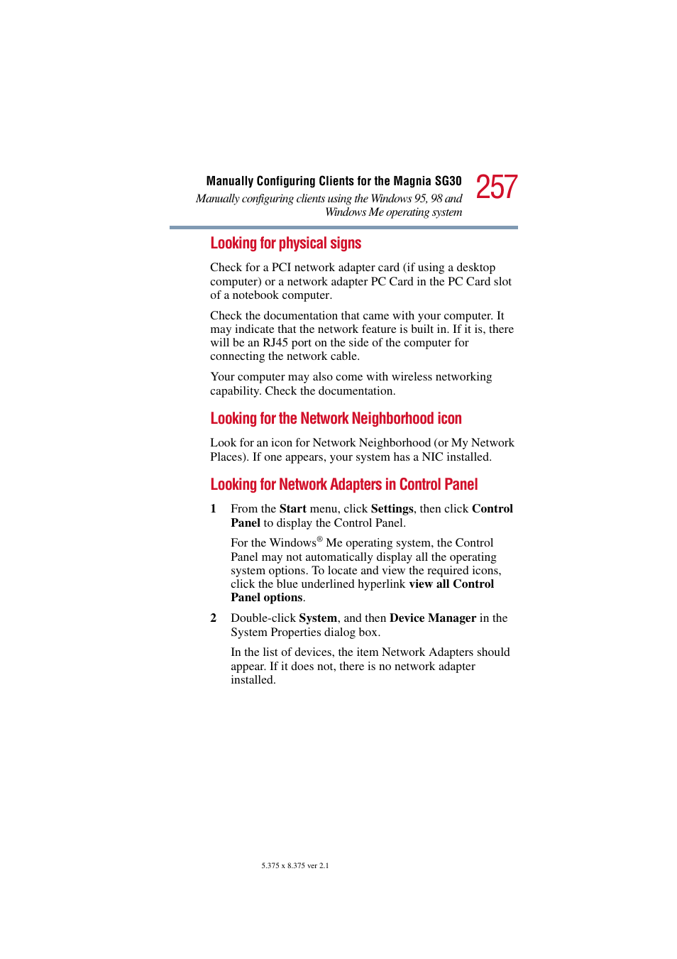 Looking for physical signs, Looking for the network neighborhood icon, Looking for network adapters in control panel | Toshiba Magnia SG30 User Manual | Page 246 / 296