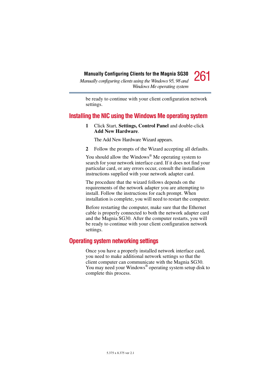 Operating system networking settings, Installing the nic using the windows me, Operating system | Toshiba Magnia SG30 User Manual | Page 250 / 296