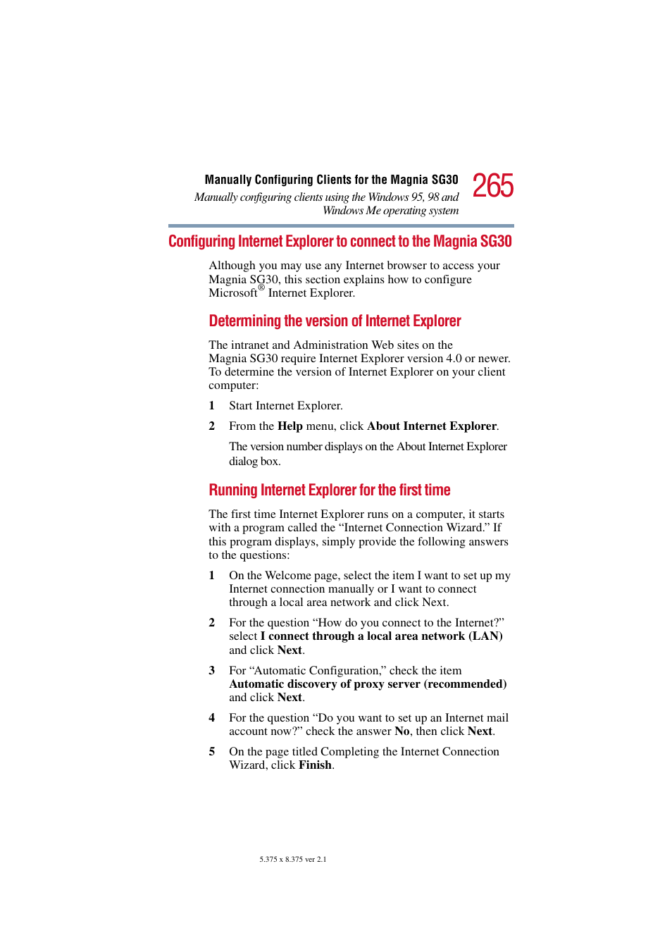 Configuring internet explorer to connect to the, Magnia sg30, Determining the version of internet explorer | Running internet explorer for the first time | Toshiba Magnia SG30 User Manual | Page 254 / 296