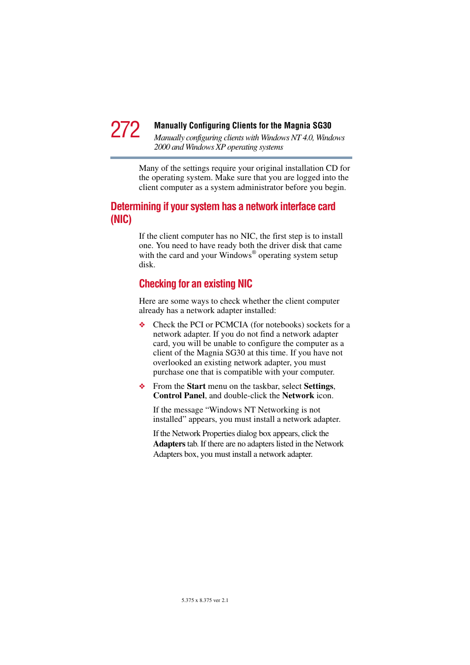 Determining if your system has a network interface, Card (nic), Checking for an existing nic | Toshiba Magnia SG30 User Manual | Page 261 / 296