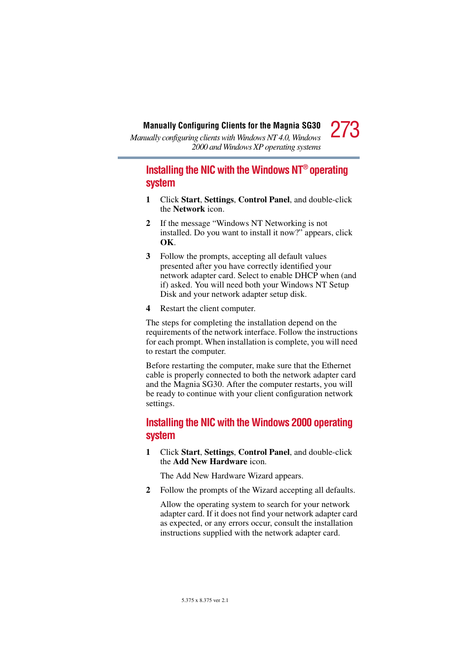 Installing the nic with the windows nt, Operating system | Toshiba Magnia SG30 User Manual | Page 262 / 296