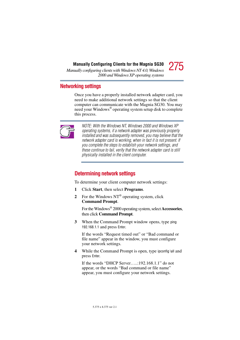 Networking settings, Determining network settings | Toshiba Magnia SG30 User Manual | Page 264 / 296