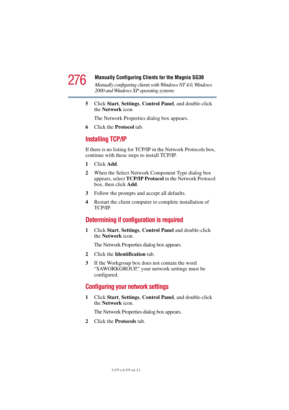 Installing tcp/ip, Determining if configuration is required, Configuring your network settings | Toshiba Magnia SG30 User Manual | Page 265 / 296