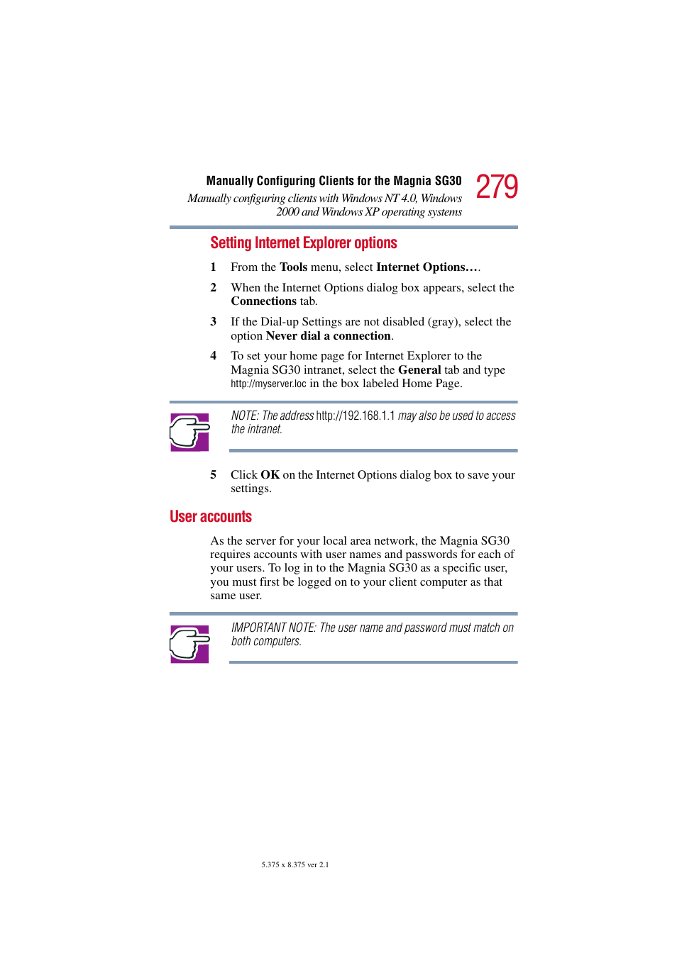 User accounts, Setting internet explorer options | Toshiba Magnia SG30 User Manual | Page 268 / 296