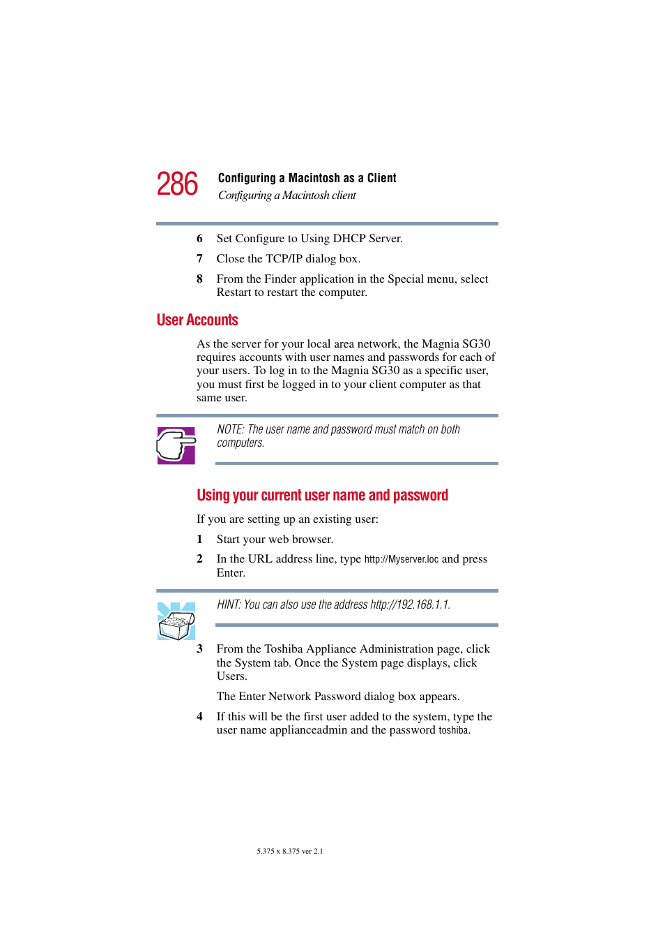 User accounts, Using your current user name and password | Toshiba Magnia SG30 User Manual | Page 274 / 296