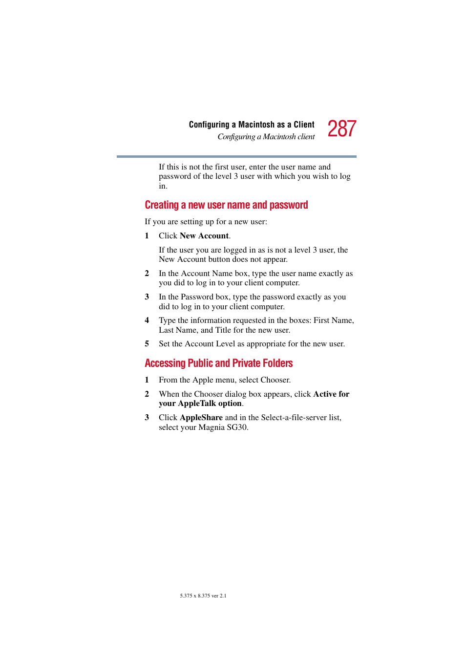 Creating a new user name and password, Accessing public and private folders | Toshiba Magnia SG30 User Manual | Page 275 / 296