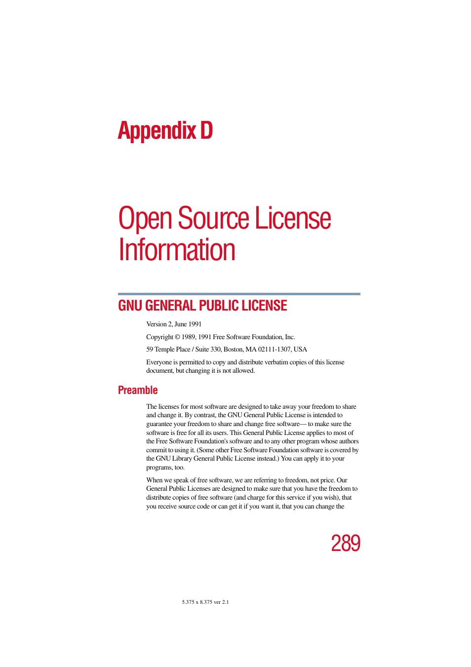 Open source license information, Gnu general public license, Preamble | Appendix d: open source license information, Appendix d | Toshiba Magnia SG30 User Manual | Page 277 / 296