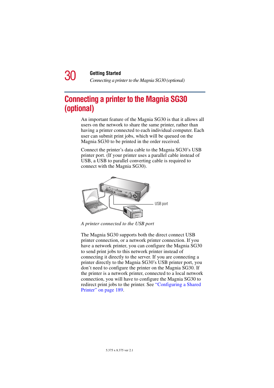 Connecting a printer to the magnia sg30 (optional), Connecting a printer to the magnia sg30 | Toshiba Magnia SG30 User Manual | Page 28 / 296