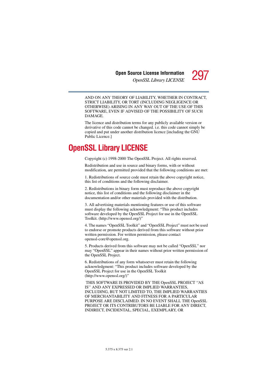 Openssl library license | Toshiba Magnia SG30 User Manual | Page 285 / 296