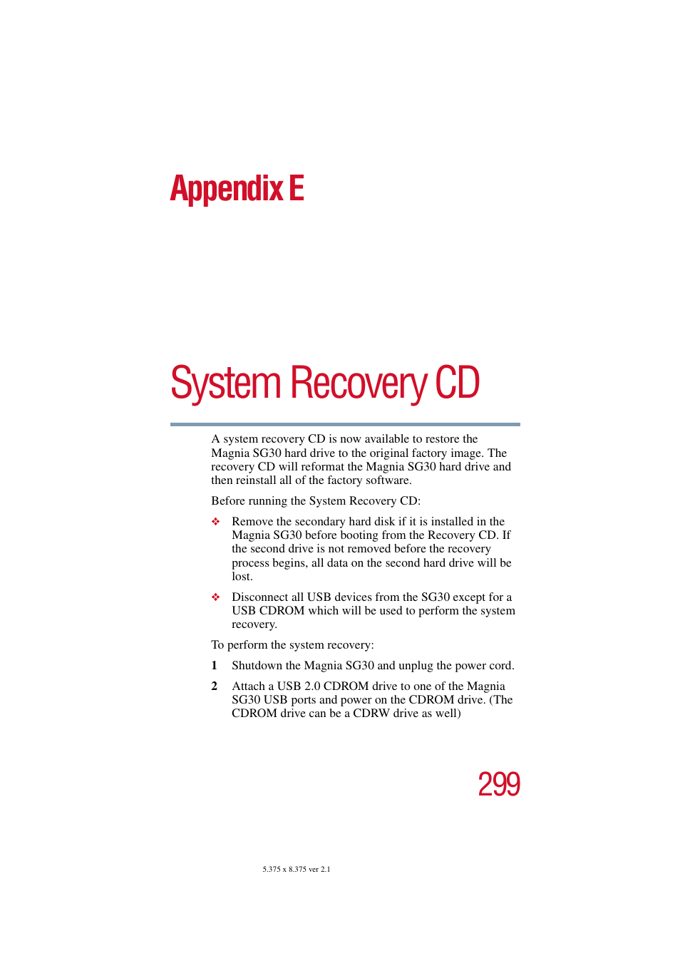 System recovery cd, Appendix e: system recovery cd, Appendix e | Toshiba Magnia SG30 User Manual | Page 287 / 296