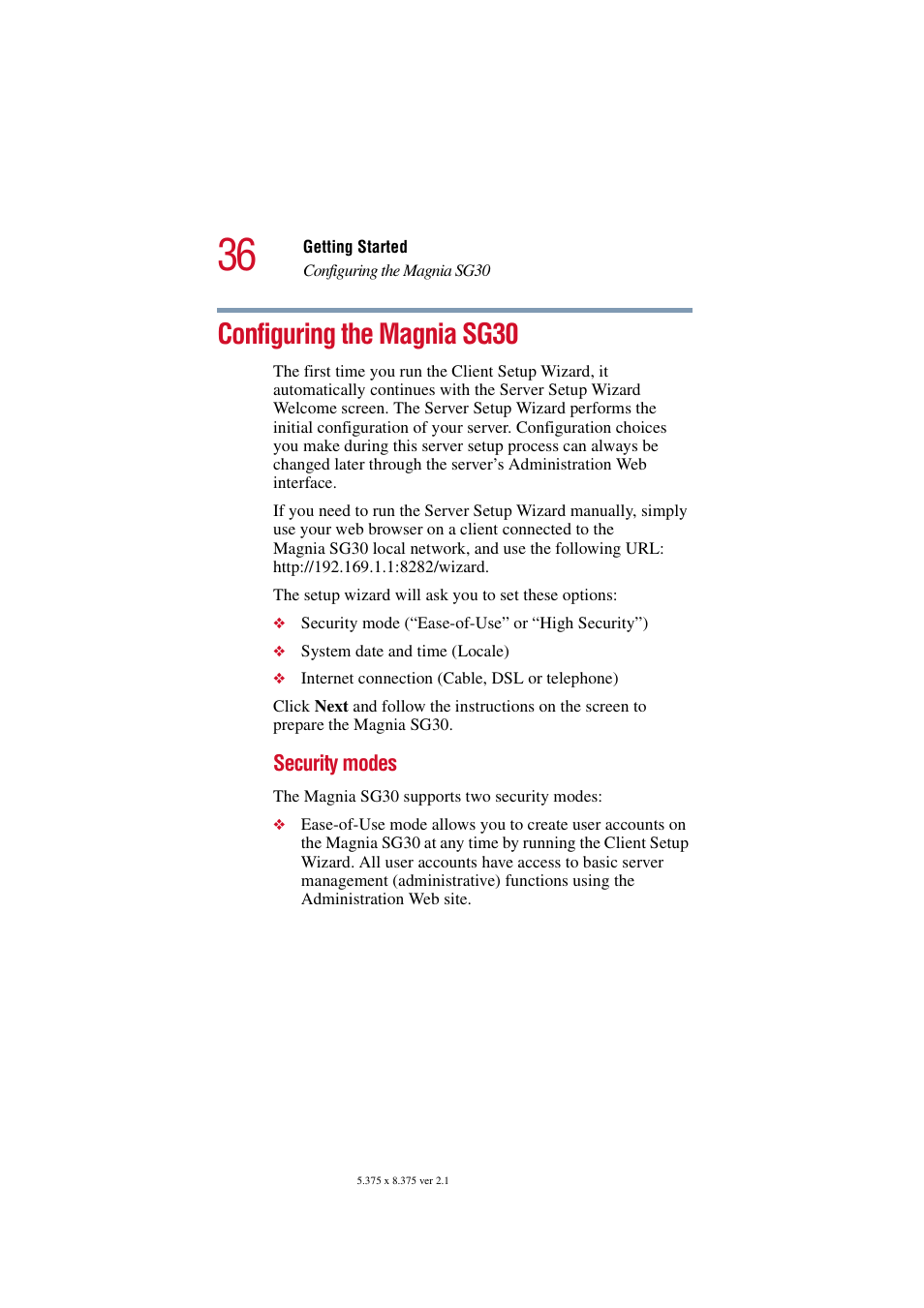 Configuring the magnia sg30, Security modes | Toshiba Magnia SG30 User Manual | Page 34 / 296