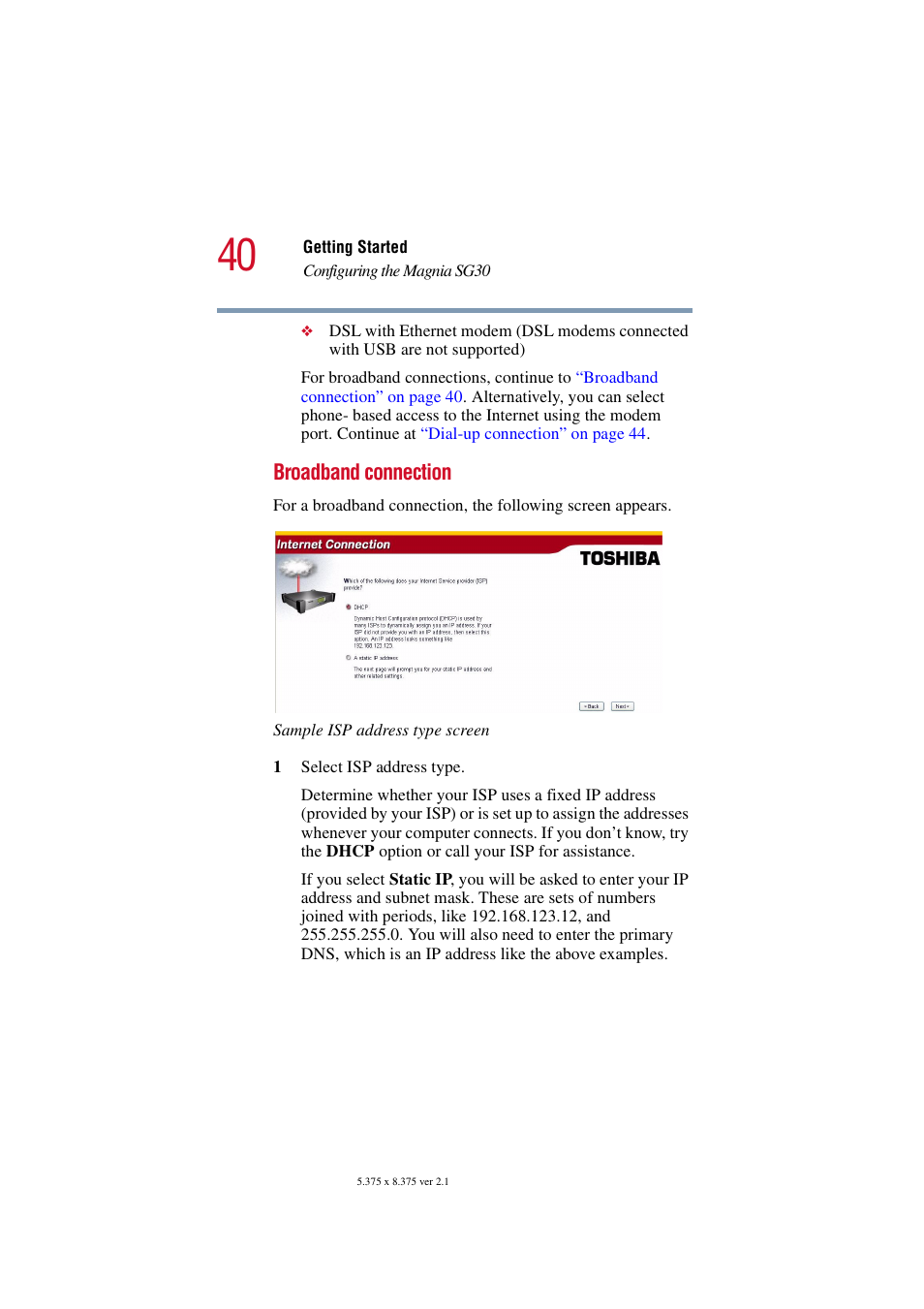 Broadband connection | Toshiba Magnia SG30 User Manual | Page 38 / 296