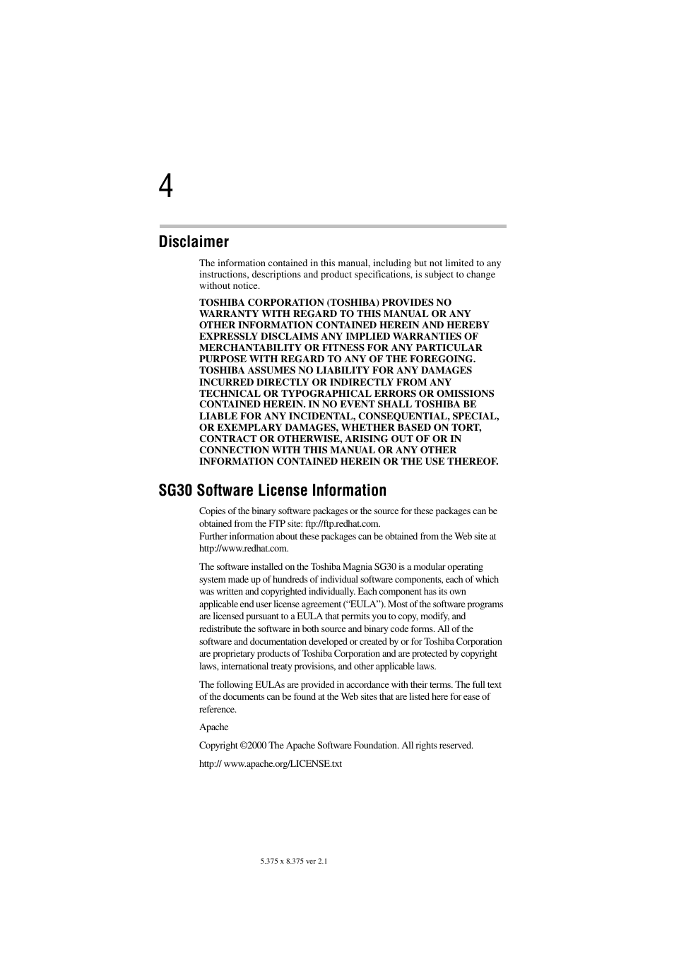 Disclaimer, Sg30 software license information | Toshiba Magnia SG30 User Manual | Page 4 / 296