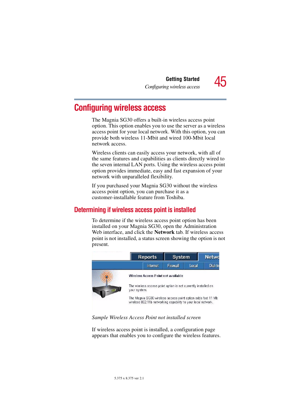 Configuring wireless access, Determining if wireless access point is installed | Toshiba Magnia SG30 User Manual | Page 43 / 296