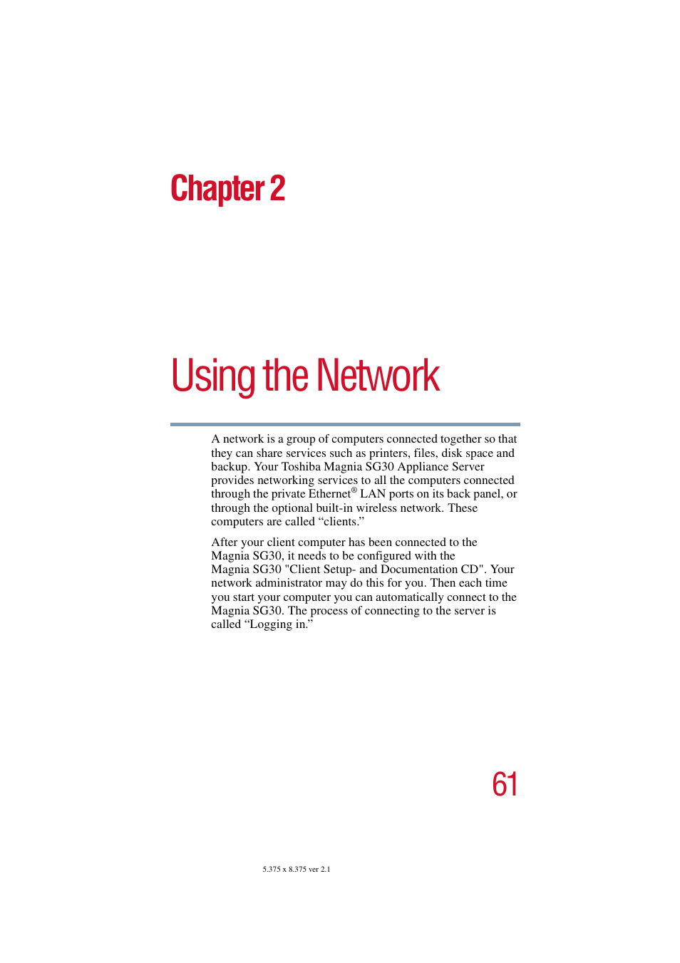 Using the network, Chapter 2: using the network, Chapter 2 | Toshiba Magnia SG30 User Manual | Page 58 / 296