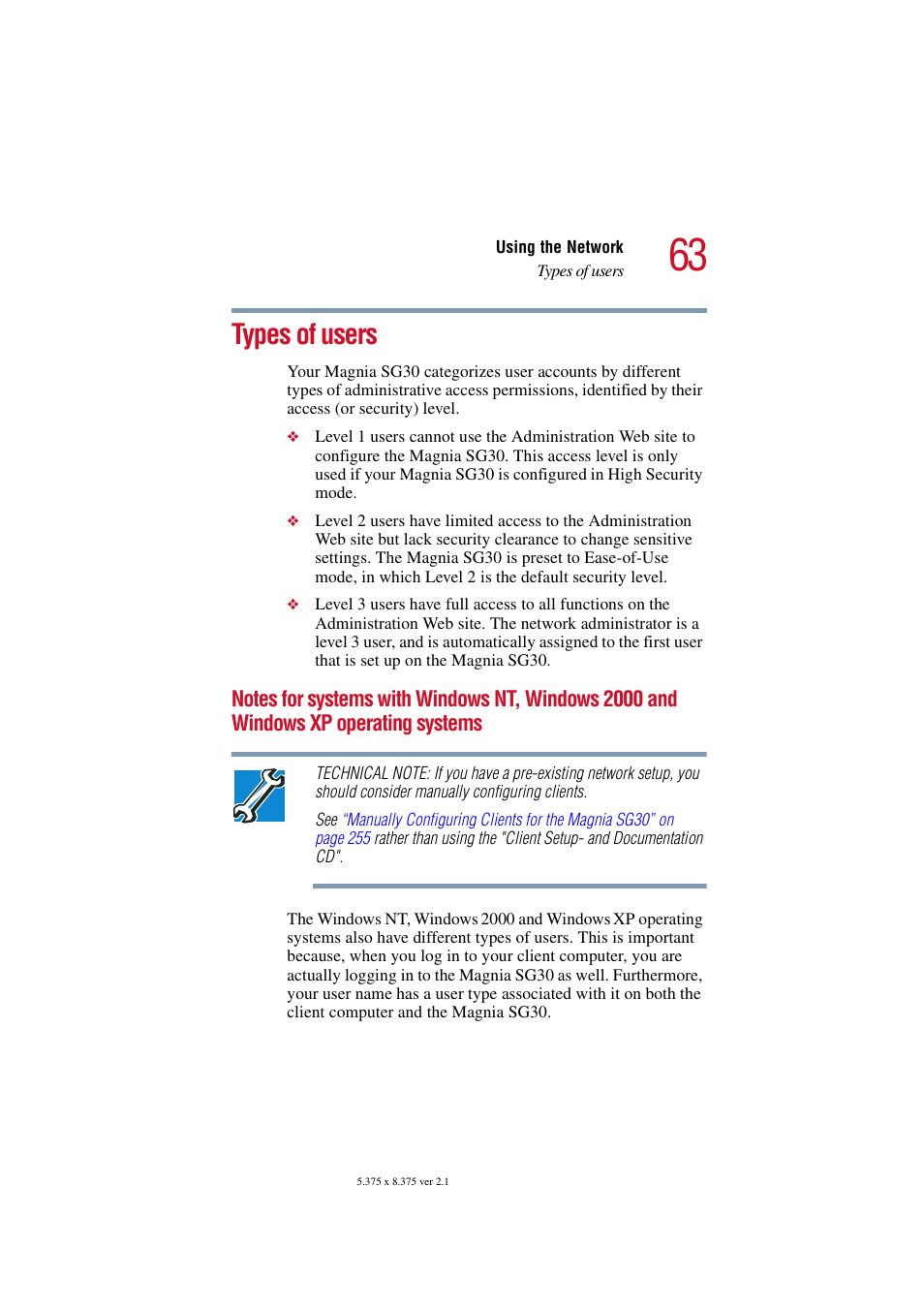 Types of users, Windows xp operating systems | Toshiba Magnia SG30 User Manual | Page 60 / 296
