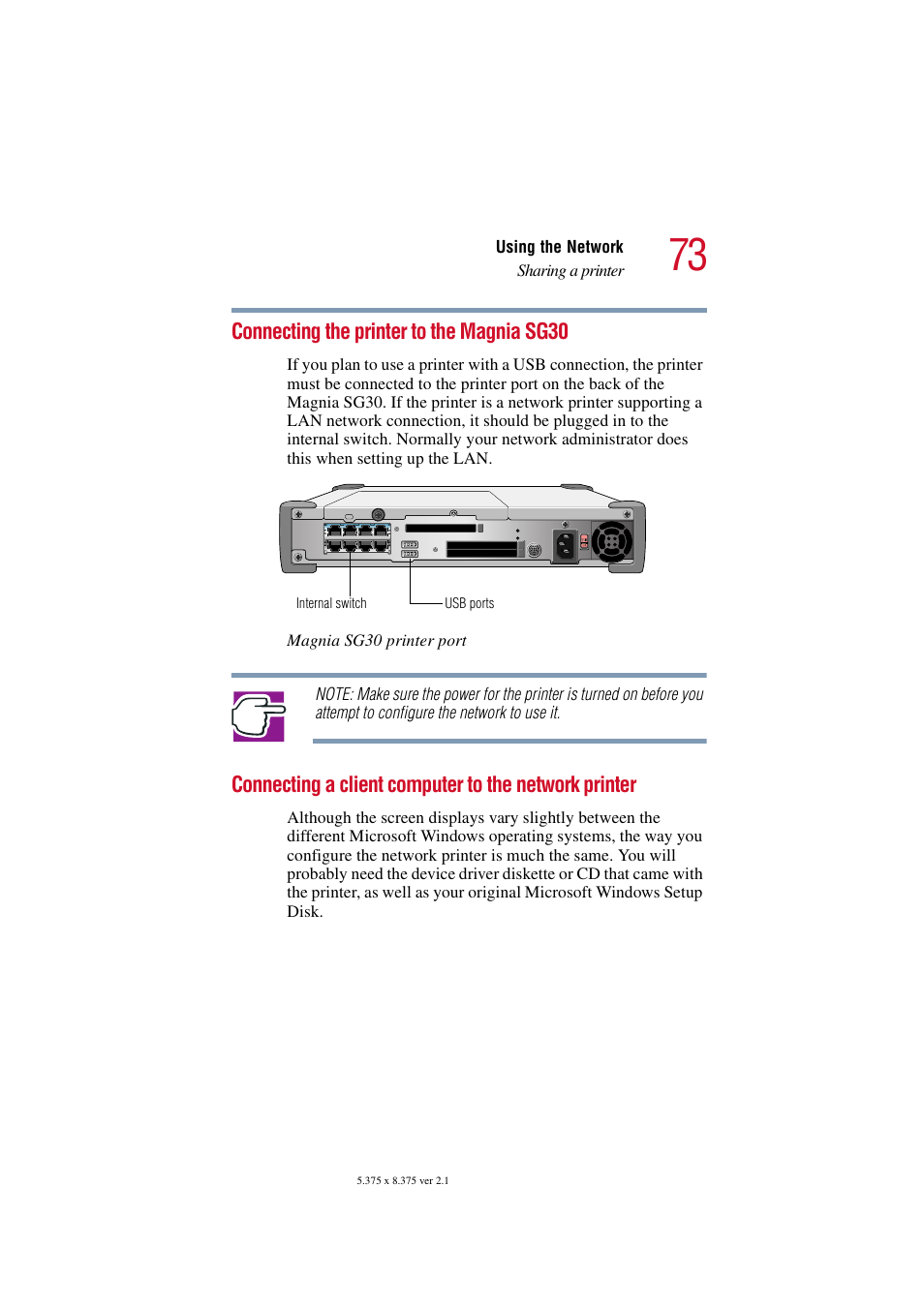 Connecting the printer to the magnia sg30 | Toshiba Magnia SG30 User Manual | Page 70 / 296