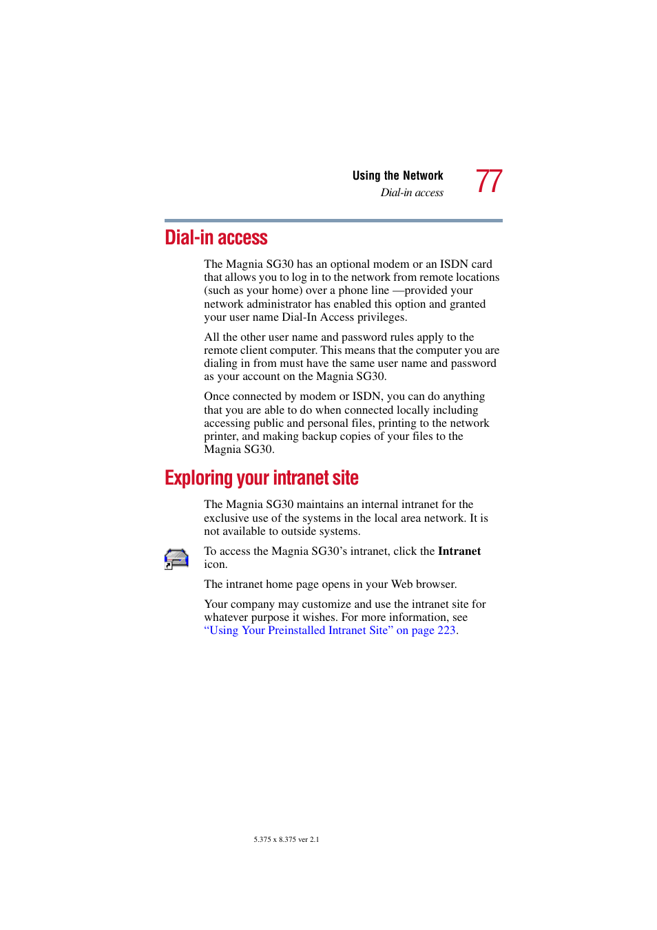 Dial-in access, Exploring your intranet site, Dial-in access exploring your intranet site | Toshiba Magnia SG30 User Manual | Page 74 / 296