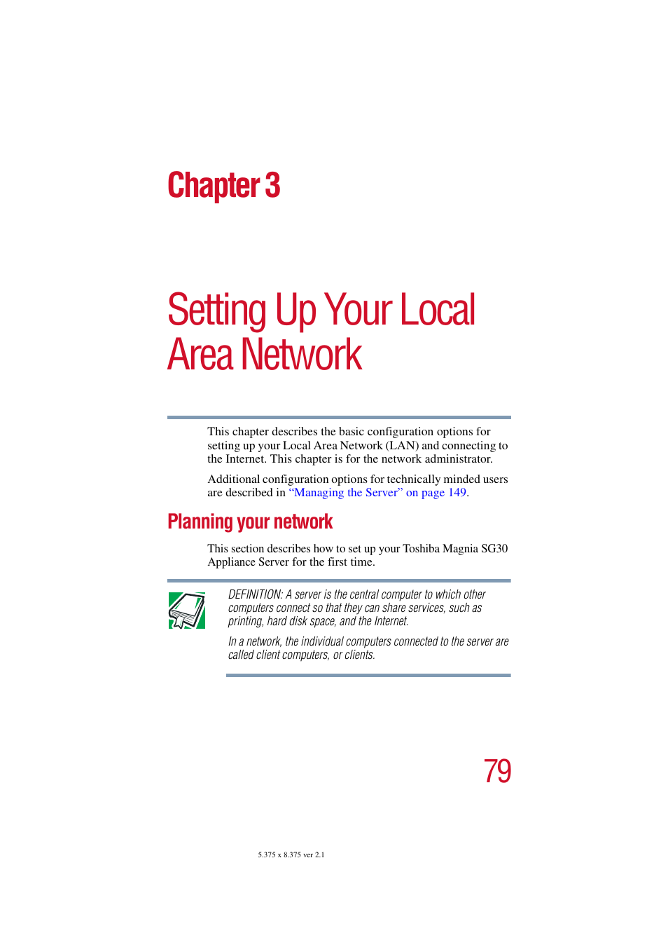 Setting up your local area network, Planning your network, Chapter 3: setting up your local area network | Planning your, Setting up, Chapter 3 | Toshiba Magnia SG30 User Manual | Page 75 / 296