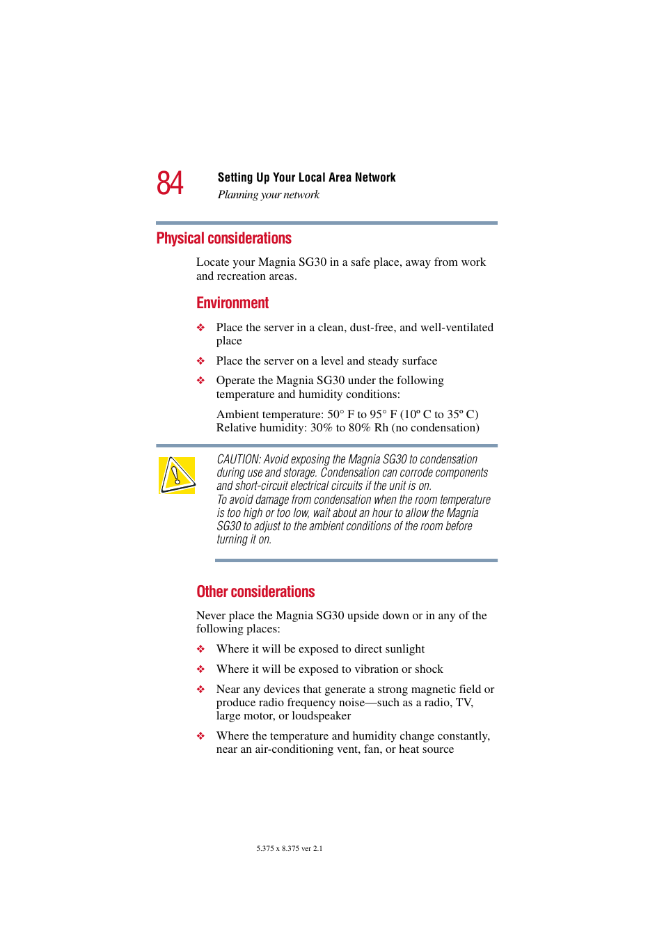 Physical considerations, Environment, Other considerations | Toshiba Magnia SG30 User Manual | Page 80 / 296
