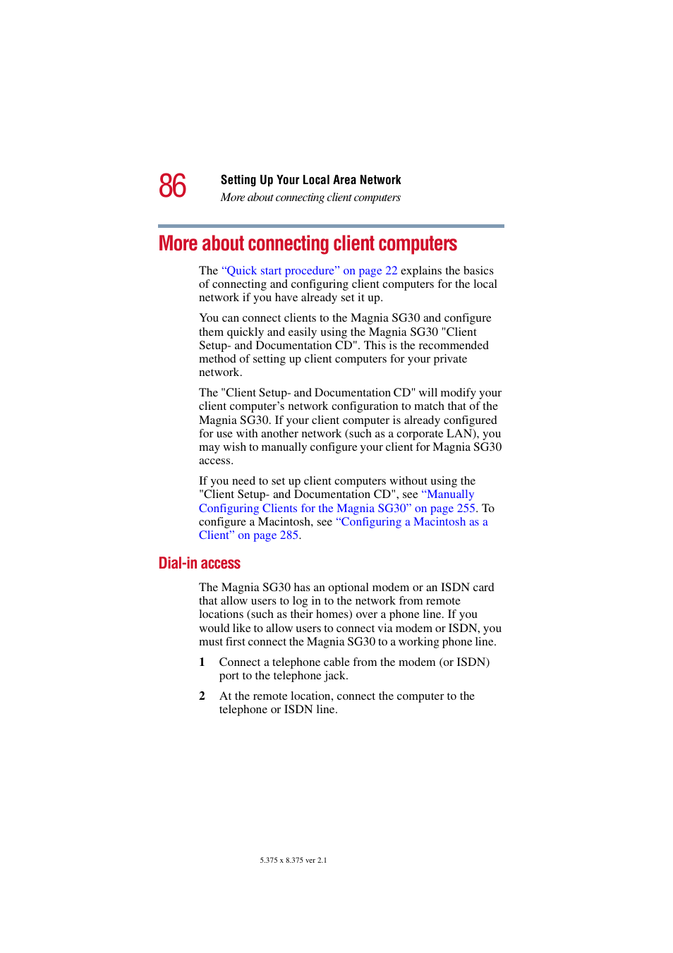 More about connecting client computers, Dial-in access | Toshiba Magnia SG30 User Manual | Page 82 / 296