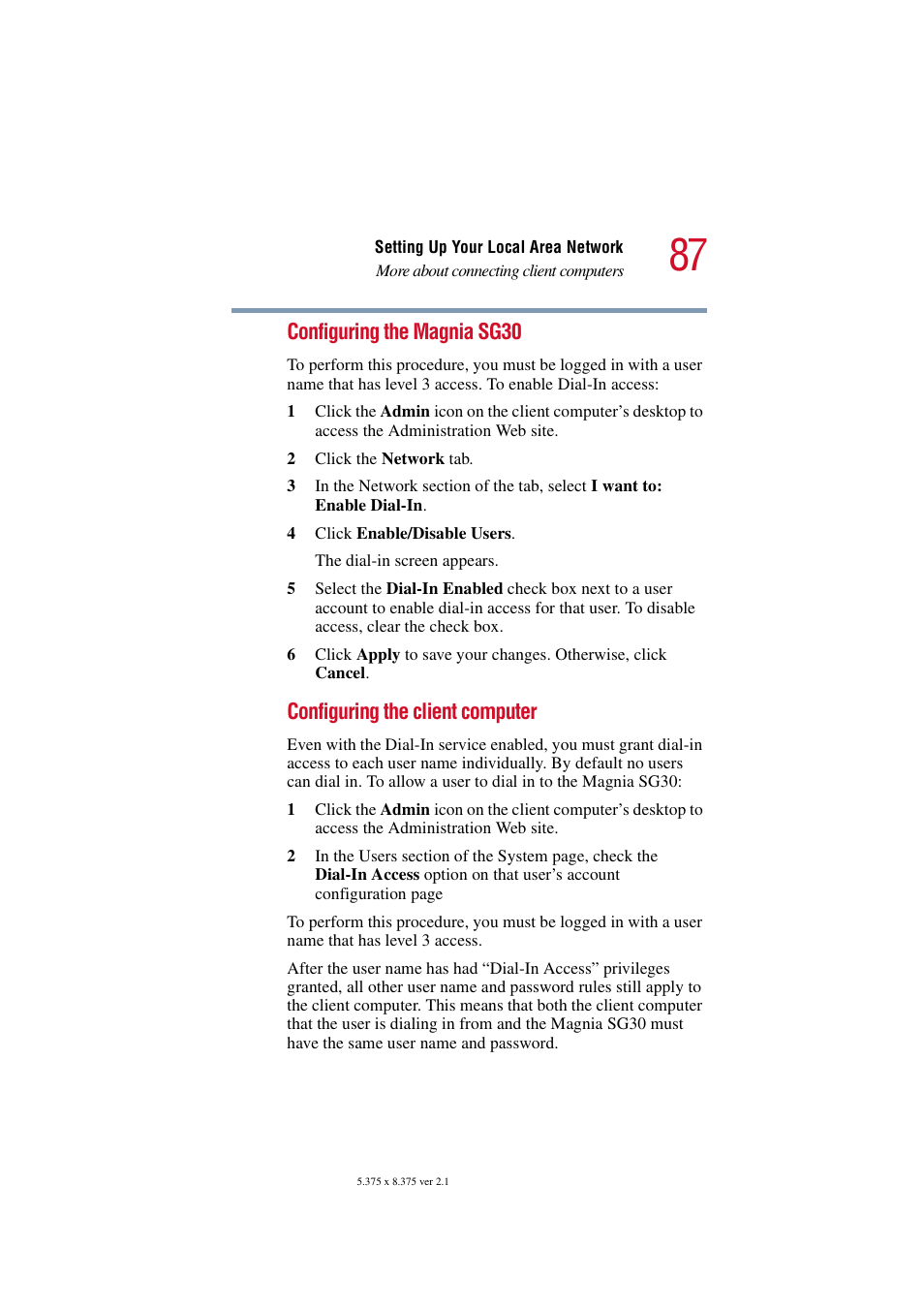 Configuring the magnia sg30, Configuring the client computer | Toshiba Magnia SG30 User Manual | Page 83 / 296
