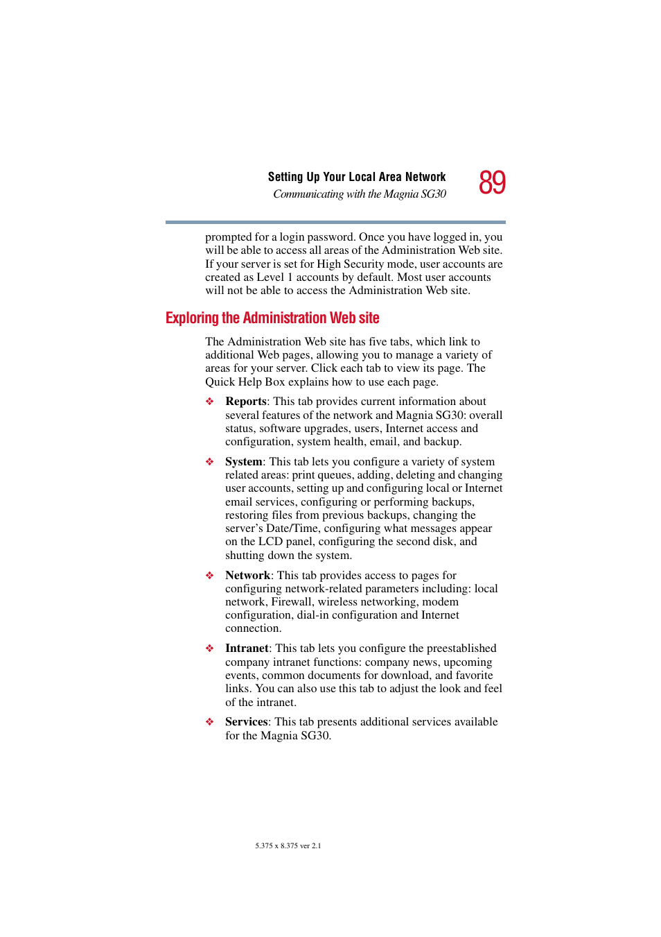 Exploring the administration web site | Toshiba Magnia SG30 User Manual | Page 85 / 296