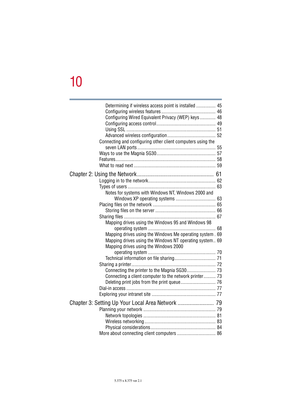 Chapter 2: using the network 61, Chapter 3: setting up your local area network 79 | Toshiba Magnia SG30 User Manual | Page 9 / 296