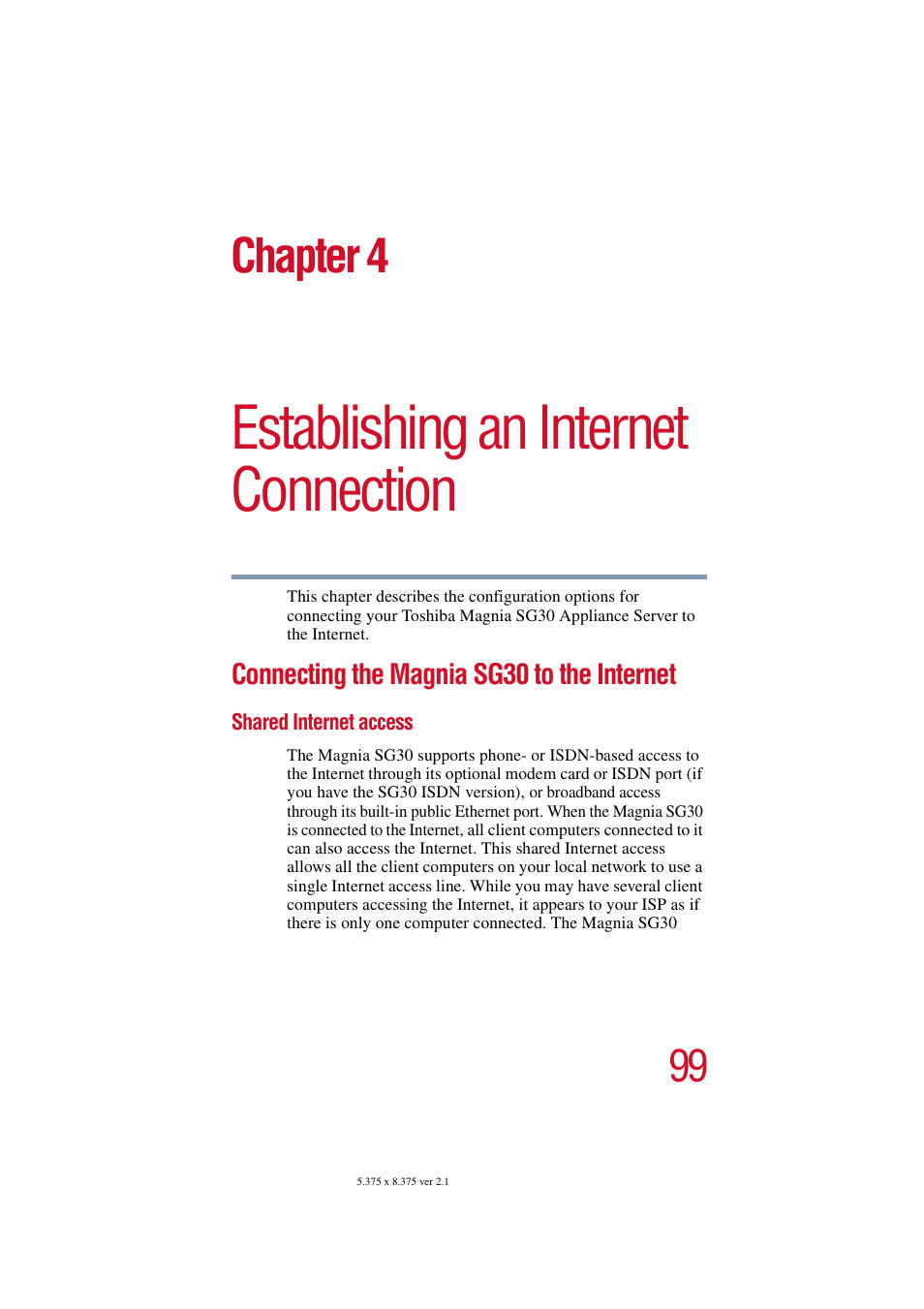 Establishing an internet connection, Connecting the magnia sg30 to the internet, Shared internet access | Chapter 4: establishing an internet connection, Chapter 4 | Toshiba Magnia SG30 User Manual | Page 94 / 296