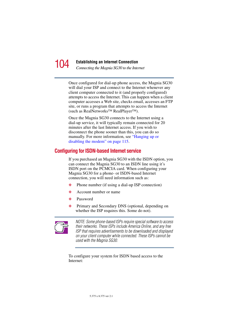 Configuring for isdn-based internet service | Toshiba Magnia SG30 User Manual | Page 99 / 296